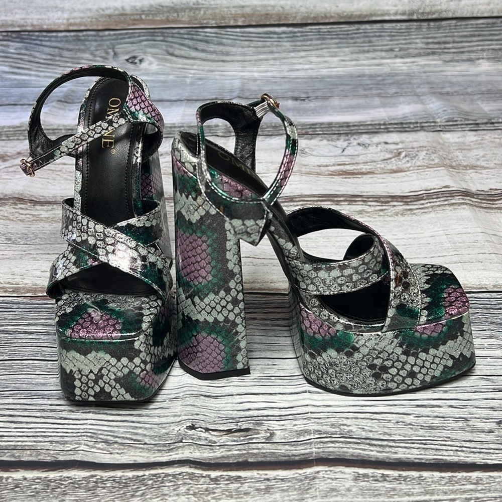 OMINE Women’s Platform 6.5” Heels – Purple/Silver/Green/Black – Size 6
